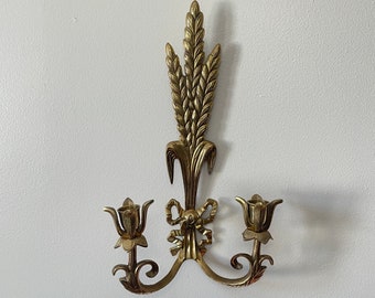 Solid Brass double armed candle sconce, Wheat, Bow, Wall Decor, Art Deco, 1 inch candles, Ornate, Vintage