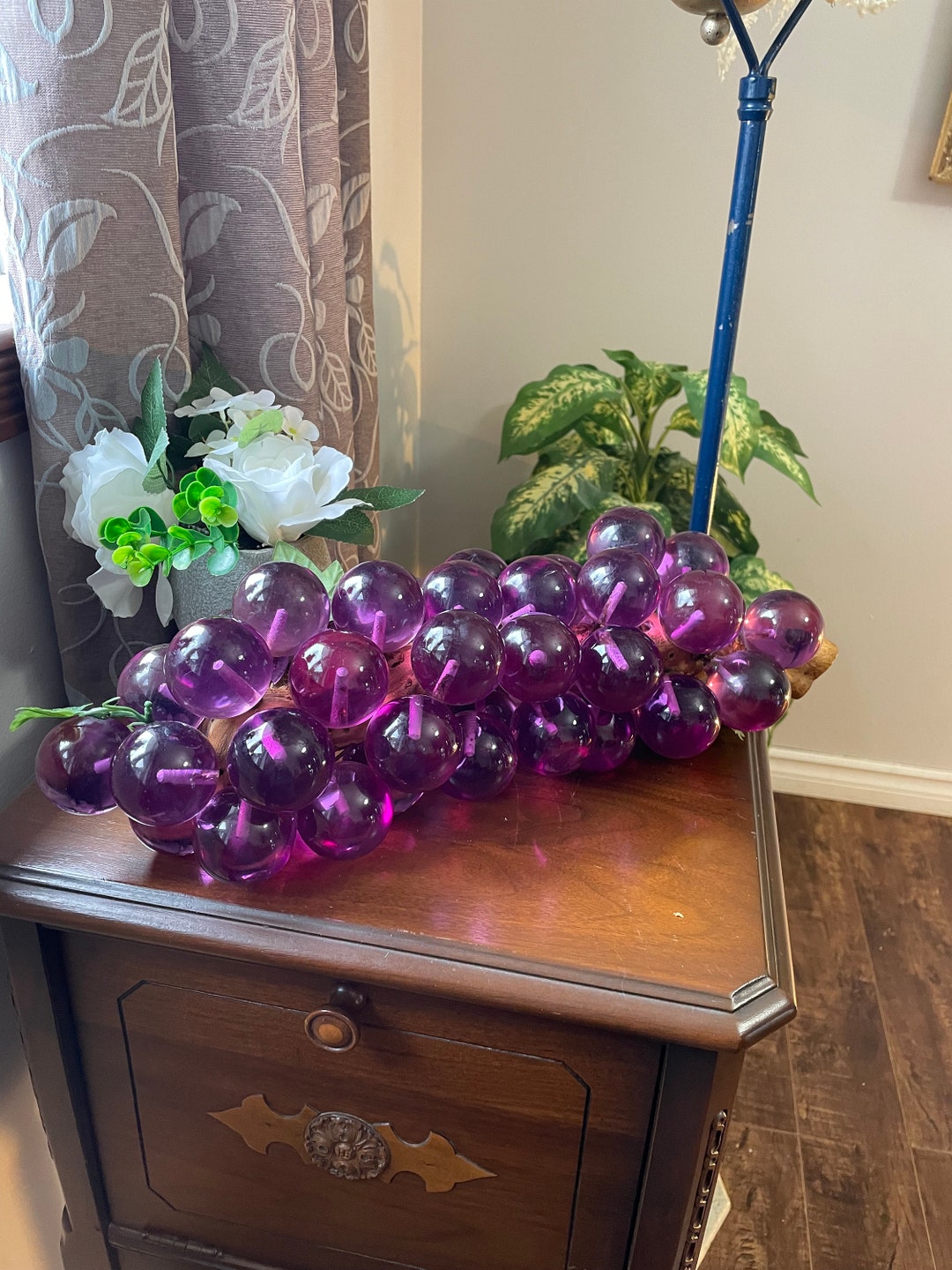 Lucite Grapes With Driftwood Stem, Purple, Grape Cluster, Vibrant