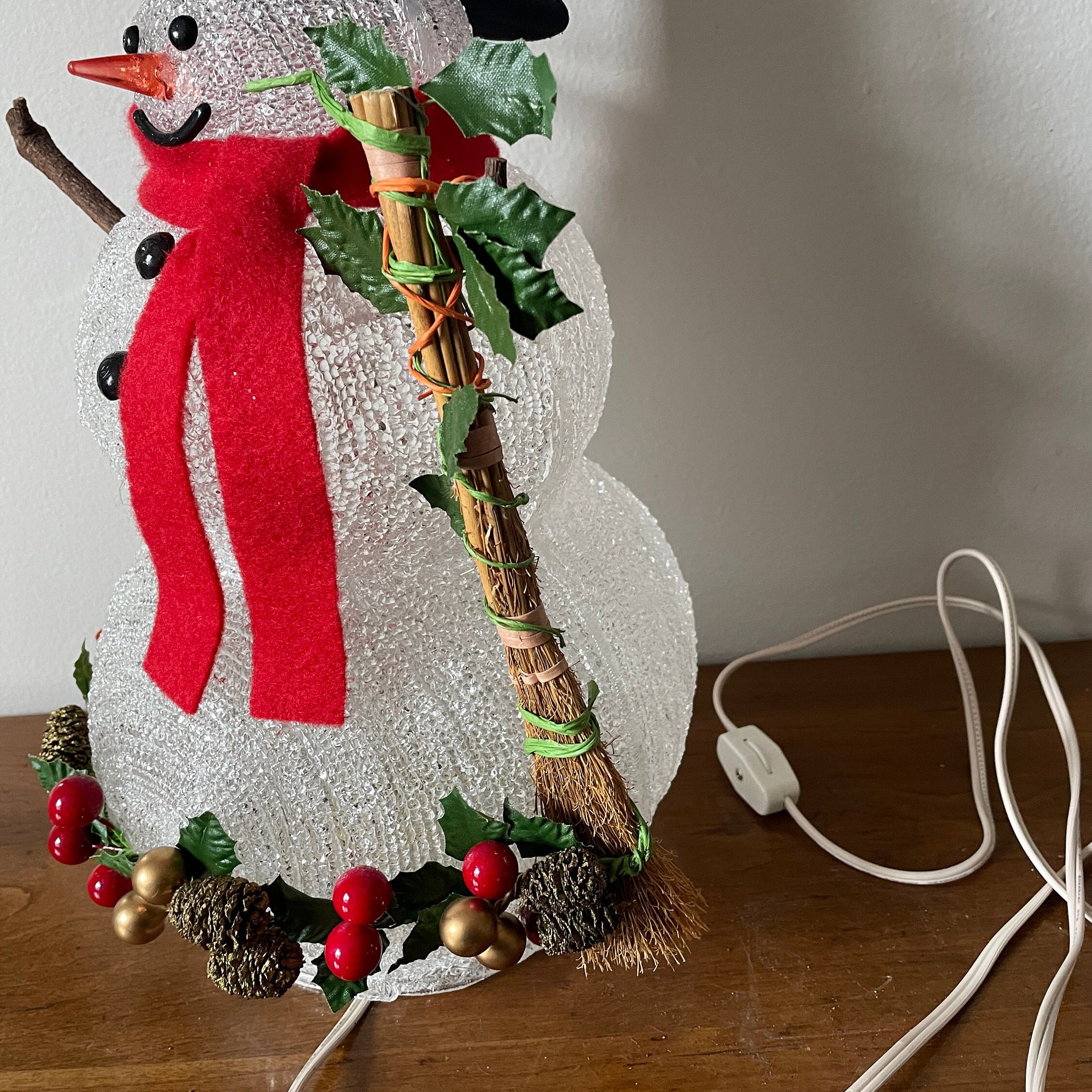 Light-up Acrylic Snowman With Straw Broom and Black Top Hat, Jelly