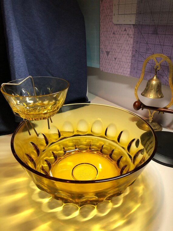 Amber Chip and Dip Bowl Optic Design Kings Crown Thumbprint Etsy