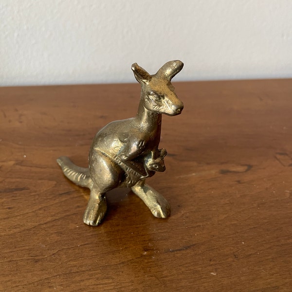 Brass KANGAROO with JOEY,  Small, Handcrafted, Marsupial, Australian Animal, Pouch, Terrestrial Mammal,  1970s