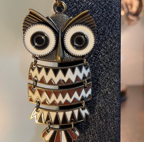 Brass Owl Pendant Necklace, Bird, Enamel Owl neck… - image 1