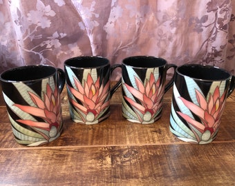 Bromeliad Fitz and Floyd Fine Porcelain Cups Mugs Set of 4, FF, Japan #412, Vintage