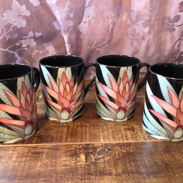 Bromeliad Fitz et Floyd Fine Porcelaine Cups Mugs Ensemble de 4, FF, Japon #412, vintage