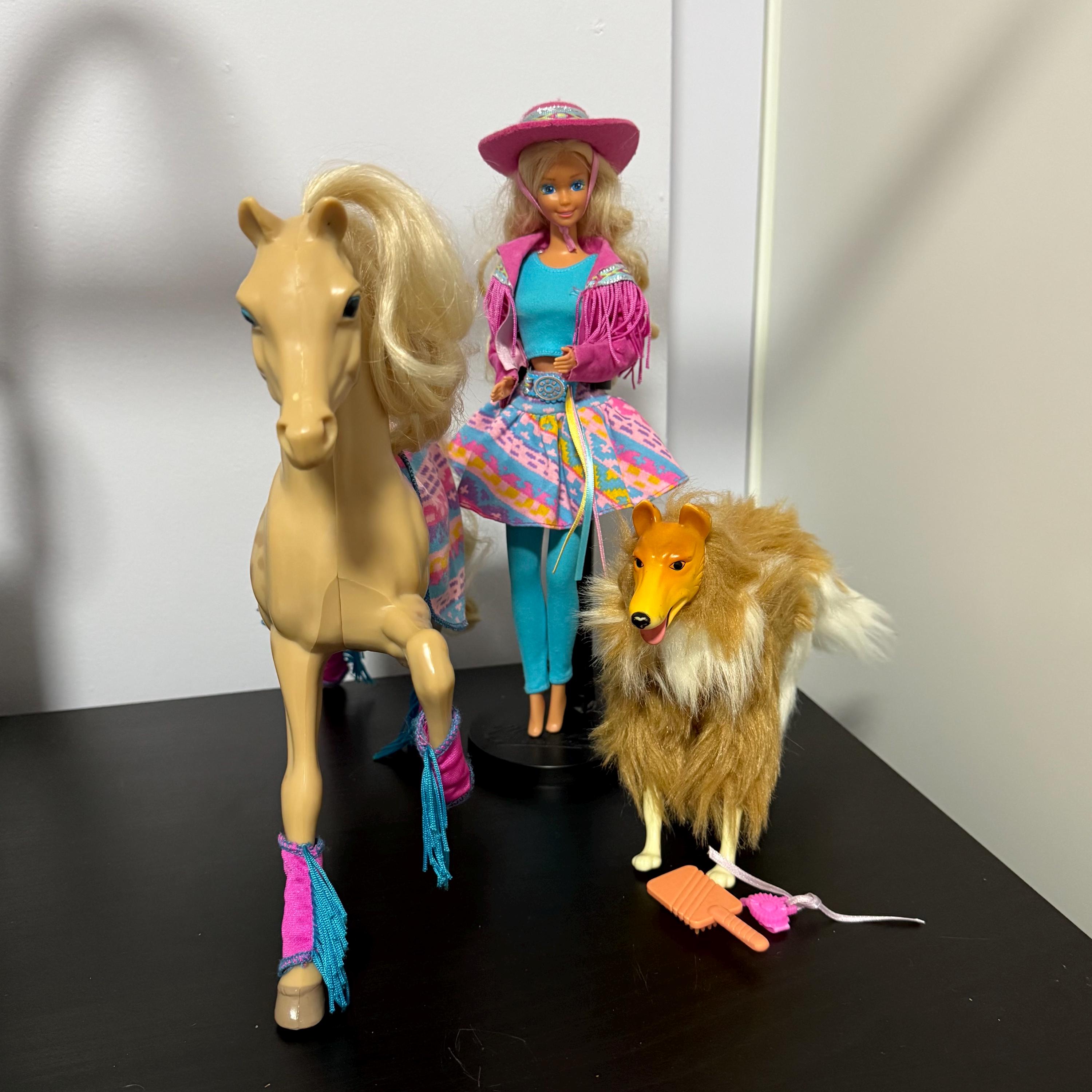 Western Fun BARBIE, TURQUOISE Pet Collie and SUN Runner Horse