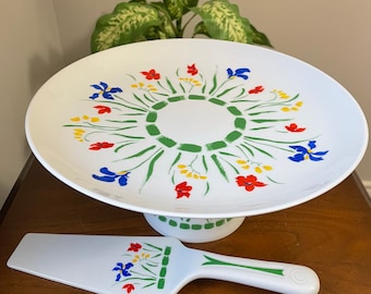 Ceramic, Pedestal Cake Stand, Platter, Plate with cake serving spoon,  White with Red, Blue and Yellow Flowers, Made in Japan, Vintage,