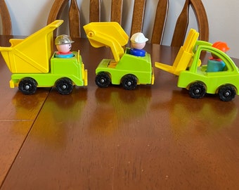 Fisher Price Construction Playtime 1970s Dump Truck Fork Lift Backhoe 3 FP characters Vintage