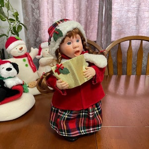 Girl Christmas Caroller, Braided Hair, Musical, Jingle Bells, Velvet Jacket, Plaid Skirt and toque, Hat,