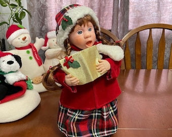 Girl Christmas Caroller, Braided Hair, Musical, Jingle Bells, Velvet Jacket, Plaid Skirt and toque, Hat,
