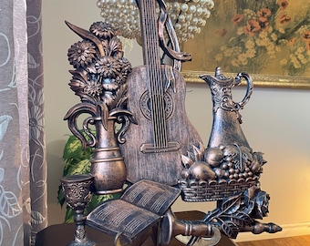 Coppercraft Guild, Guitar, Flowers, Fruit, Wine Goblet, Rose, Wall Decor, Wall Plaque,  Vintage, Retro, 7440, Dart Ind