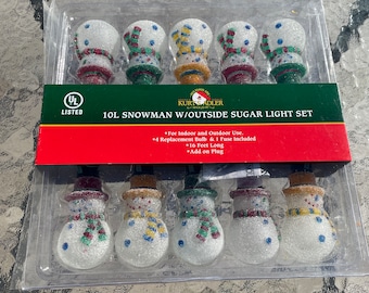 Juego de 10 luces de azúcar con forma de muñeco de nieve de Kurt Adler, nuevo en paquete, muñeco de nieve de gelatina, luces para interior y exterior, Navidad, decoración navideña, vintage