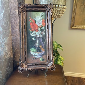 Coppercraft Guild, Syroco, Ornate Picture Frame, Floral & Fruit Print, Daisy, Pears, Grapes, Fruit Bowl, Vase, Wall Decor, Vintage, Retro