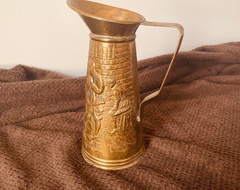 Brass Pitcher, Watering Can, 1900's, England,  Embossed Metal,Hand Crafted, Pub, Vintage