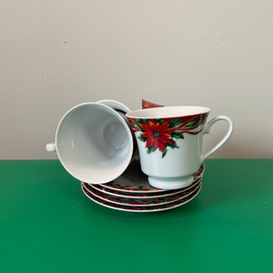 Poinsettia Fine Porcelain Tea cup and saucer, Sunflower China, , Ribbon, Christmas, Holiday Dining, kitchen, Xmas, Vintage