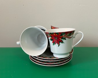 Poinsettia Fine Porcelain Tea cup and saucer, Sunflower China, , Ribbon, Christmas, Holiday Dining, kitchen, Xmas, Vintage