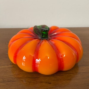 Art Glass Pumpkin, Ombre Style, Orange Tones, Green Stem with Leaf,  Hand Blown Glass, Halloween, Autumn, Fall,  Fruit, Vintage
