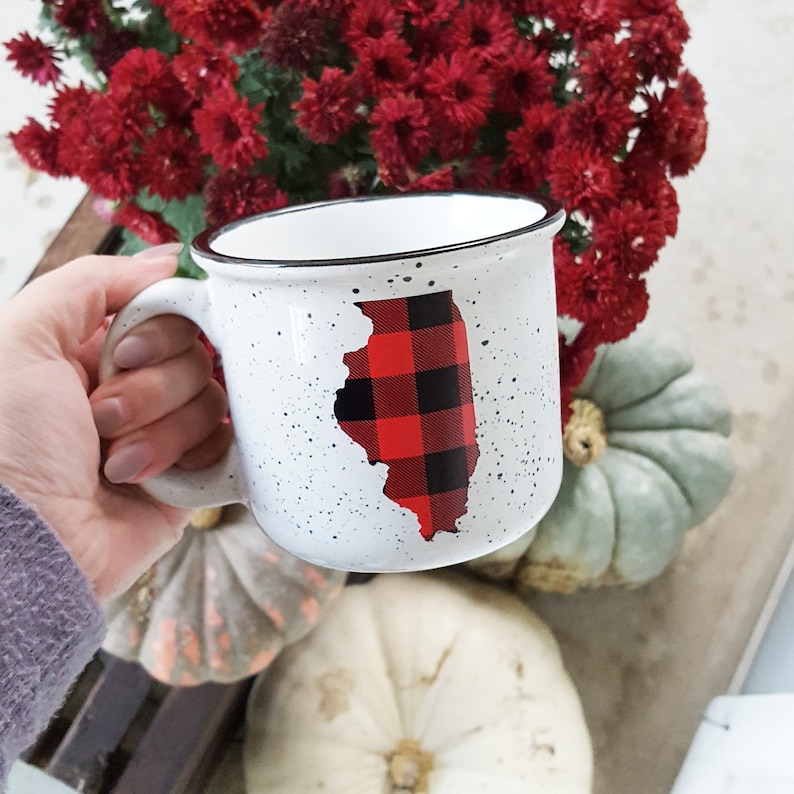 ANY STATE Campfire Mug Buffalo Plaid Speckled Camper Mug Homesick Gift Christmas Gift image 1