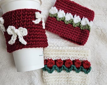 Flower Crochet Coffee Sleeve - Reusable Cup Cozy - Tulip Spring Coffee Cozy