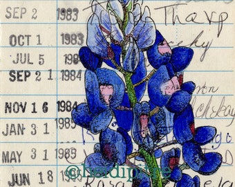 Bluebonnet Upcycled Library Card Print