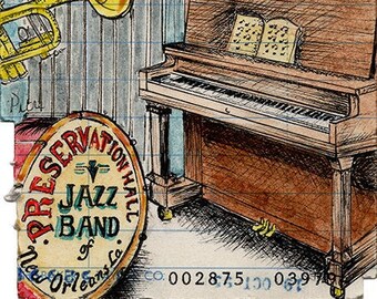 May include: A hand-drawn illustration of a piano, a trumpet, and a drum with the words "Preservation Hall Jazz Band of New Orleans La" on it. The illustration is drawn on a piece of lined paper.