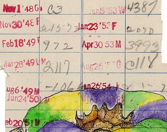 May include: A vintage library card with handwritten dates and numbers. The card is for Robinson and has the text "It's an old New Orleans custom". The card has a colorful watercolor illustration of a seashell with a small figure inside.