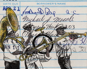 May include: A library card with a black and white illustration of a brass band. The band is playing instruments, including a trombone, a tuba, and a drum. The card has the text "Brass Bands and New Orleans" and "Jazz." written on it.