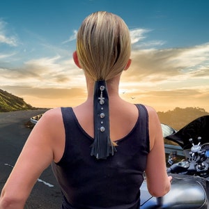 BLACK Leather Hair Wrap 5 inches up 22 inches Hair protector in Long & Short | Motorcycle Biker Helmet Fringe Accessory | Made in USA