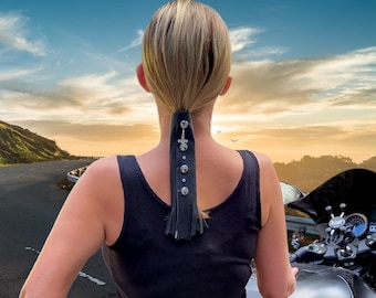 BLACK Leather Hair Wrap 5 inches up 22 inches Hair protector in Long & Short | Motorcycle Biker Helmet Fringe Accessory | Made in USA