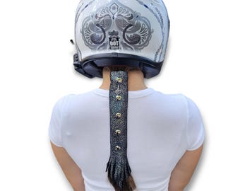 Motorcycle Leather Hair Wrap SILVER Sparkle 5 inch - 22 inches | Bike Hair Protector | Ponytail Glove Biker Accessories for Women USA MADE