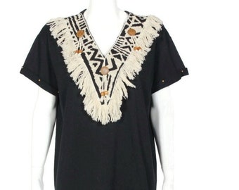 Vintage 80s JOANIE W T Shirt Western Americana Beaded Fringe Aztec USA sz M /068