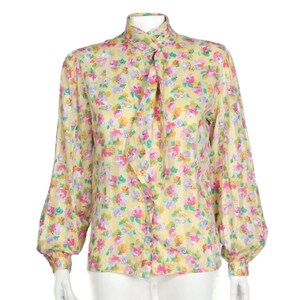 Vintage 90&#39;s Floral Cottagecore Yellow Pink Loop Tie High Neck Blouse Top sz 10