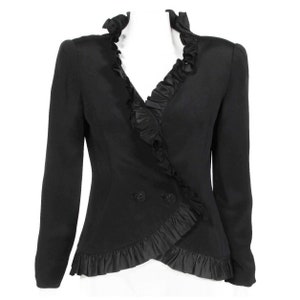 Vintage 80s TRAVILLA Couture Black Ruffle Collar Trim Cinch Waist Jacket S/M 656