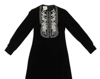 Vtg 70s  Gothic RAE DOLLS Black Velour Metallic Silver Embroidered  Dress XS 720
