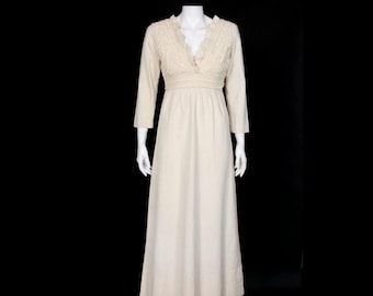 Vtg 1970s Cream Crewl Crochet Gunne Wedding Cottagecore Cotton Maxi Dress M /198