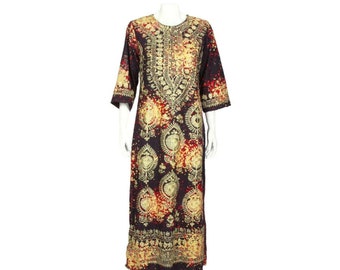 Vtg Batik Print Brown Red w/Gold Embroidery Caftan Maxi Festival Dress sz M /969