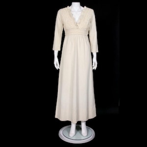 Vtg 1970s Cream Crewl Crochet Gunne Wedding Cottagecore Cotton Maxi Dress M /198
