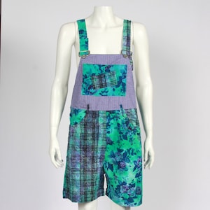 Vintage 90s Tangibles Shortalls Blue Purple Plaid Floral Patchwork Overall sz S