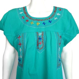 Vintage Mexican Embroidered Tunic Kahlo Dress Pretty Turquoise Blue sz XS/S 506 image 2