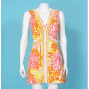 THE LILLY Pulitzer Vtg Yellow Pink Floral Crochet Lace Trim Mini Dress sz 8 /594