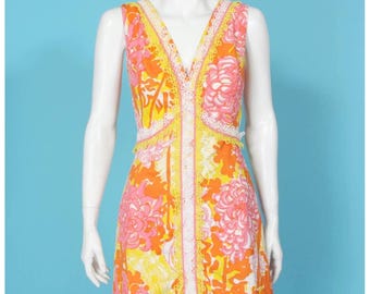 THE LILLY Pulitzer Vtg Yellow Pink Floral Crochet Lace Trim Mini Dress sz 8 /594