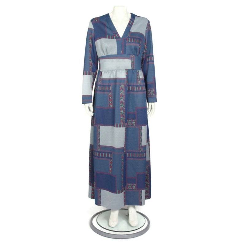 Vtg 1970s Blue Denim Patchwork Red Floral Print Cottagecore Maxi Dress sz 18 400 image 2