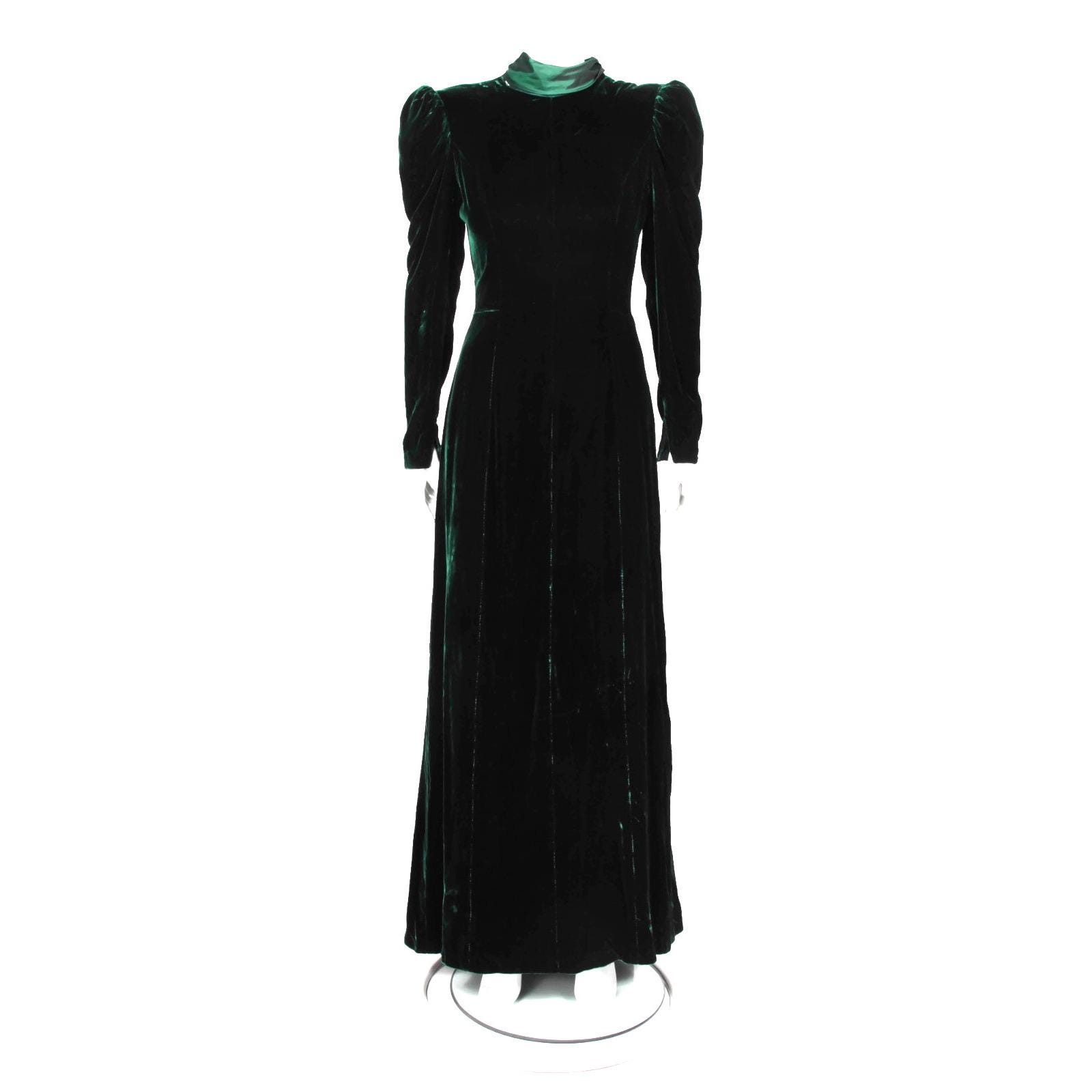 Vtg VICTOR COSTA Lord Taylor Rich Green Velvet Drop Back Bow Maxi