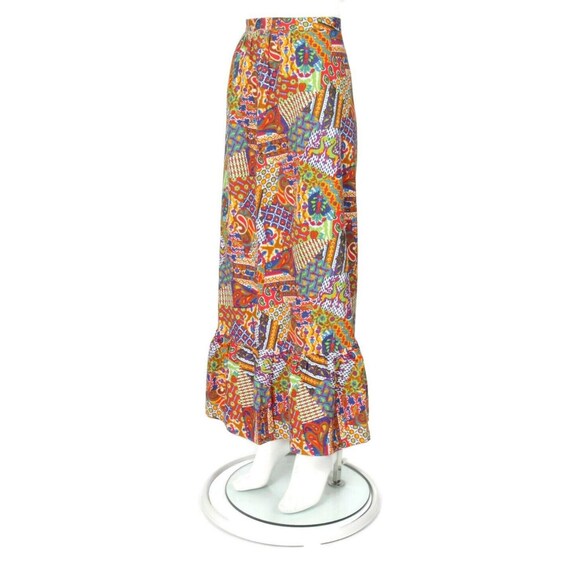 Vtg 70s Rainbow Psychedelic Patchwork Print Ruffl… - image 2