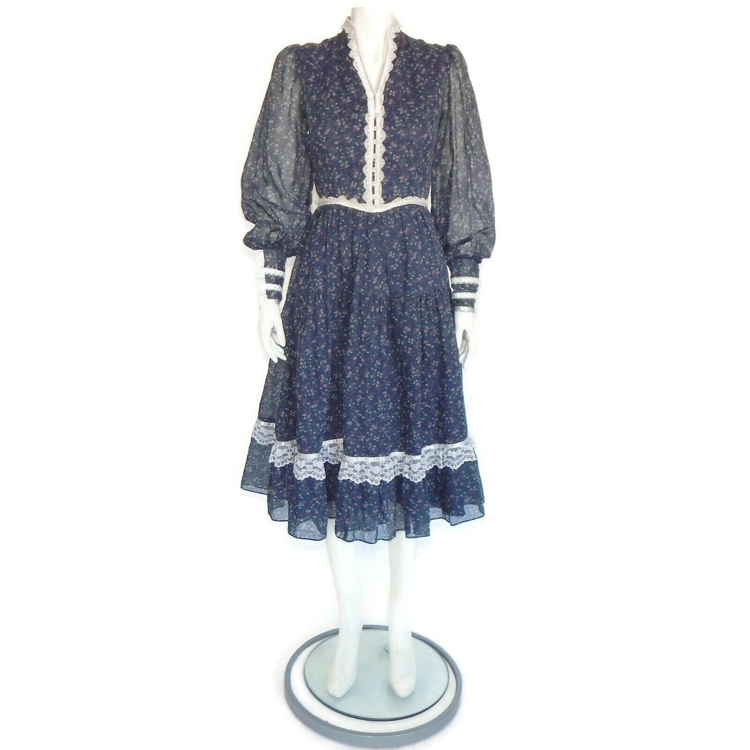 GUNNE SAX Vintage Blue Prairie Dress Lace Beaded Calico Floral ...