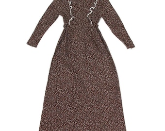 Vtg 70s Prairie Cottagecore Calico Floral Brown Lace Ruffle Dress XS/S /986