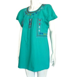 Vintage Mexican Embroidered Tunic Kahlo Dress Pretty Turquoise Blue sz XS/S 506 image 3