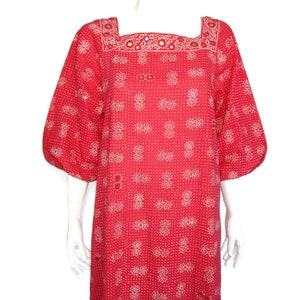 Vintage 1970s Ramona Rull Dress Cotton Mirror Red Floral Polka Dot Puff Sleeve sz Large image 5