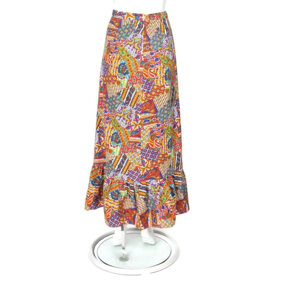 Vtg 70s Rainbow Psychedelic Patchwork Print Ruffl… - image 1