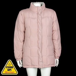 May include: A pale pink puffer jacket with a zipper closure and a high collar. The jacket has a quilted design and a logo on the left chest.