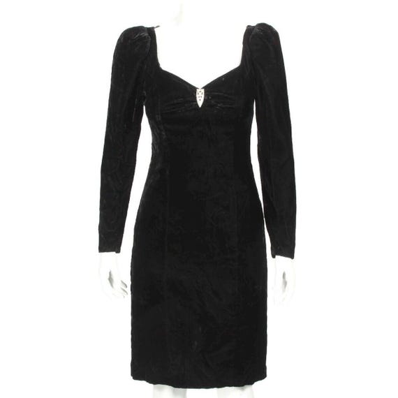 Vintage 80's CONTEMPO  CASUALS Black Crushed Velvet Puff Sleeve Dress sz S /784